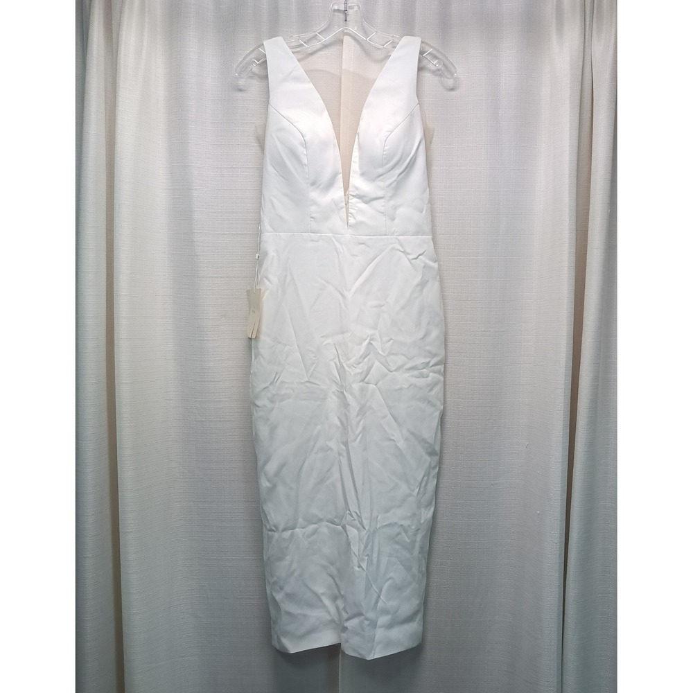 Lanting Bride White Plunging V-Neck Mesh Sheath Midi Dress Womens Size 4 NEW